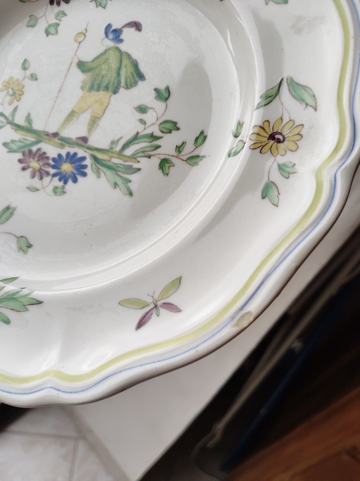 Eight Flat Moustiers Lonchamps Plates, Antique Ceramic FRANCE, Hand-Painted