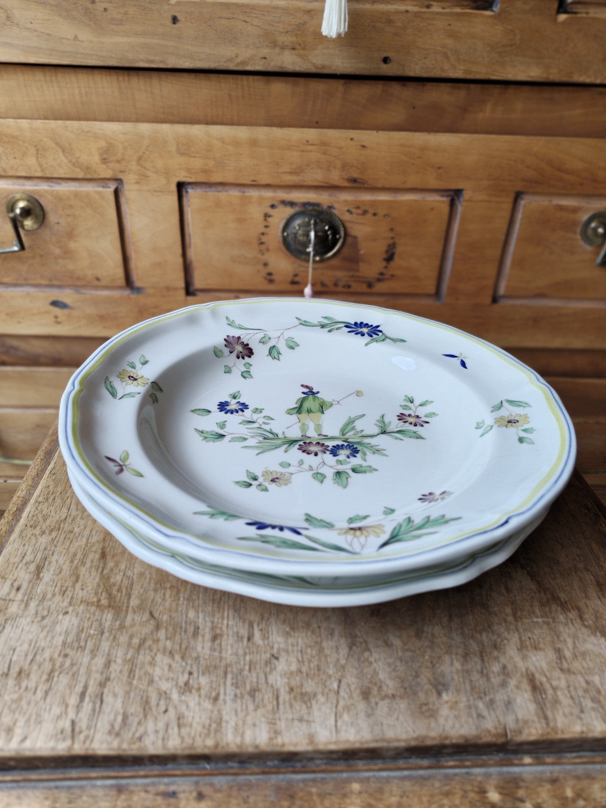 Set of Two Large MOUSTIERS LOMCHMAP Plates, FRANCE, Hand-Painted