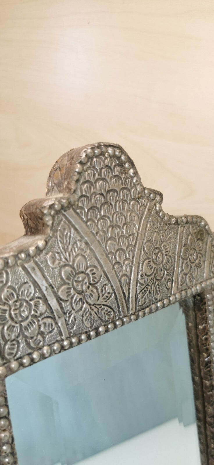 Superb Oriental Mirror Decorated with Hammered Metal (Silver or Tin)