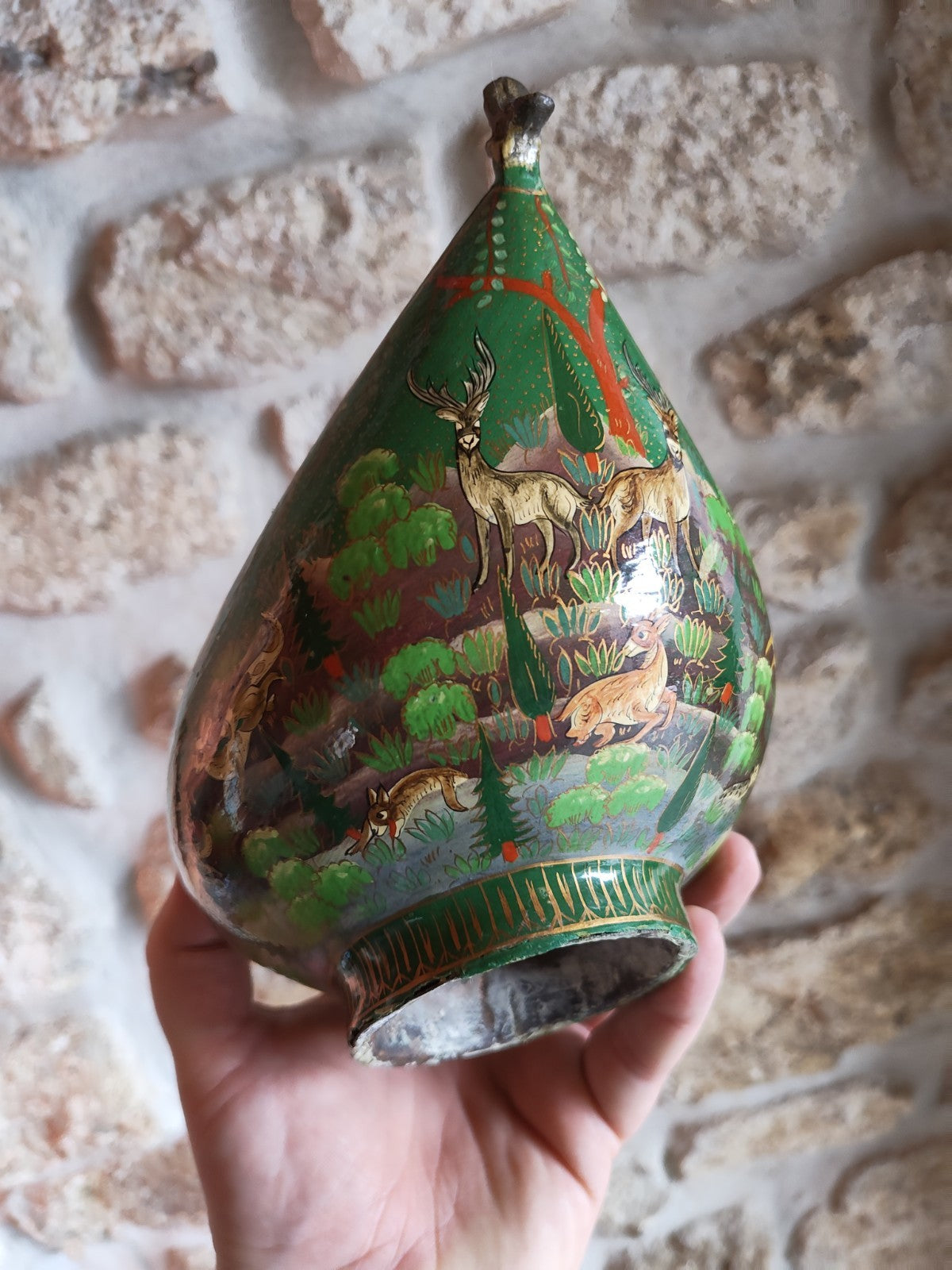 Kashkul Beggar Bowl India, Green Lacquered, Antique