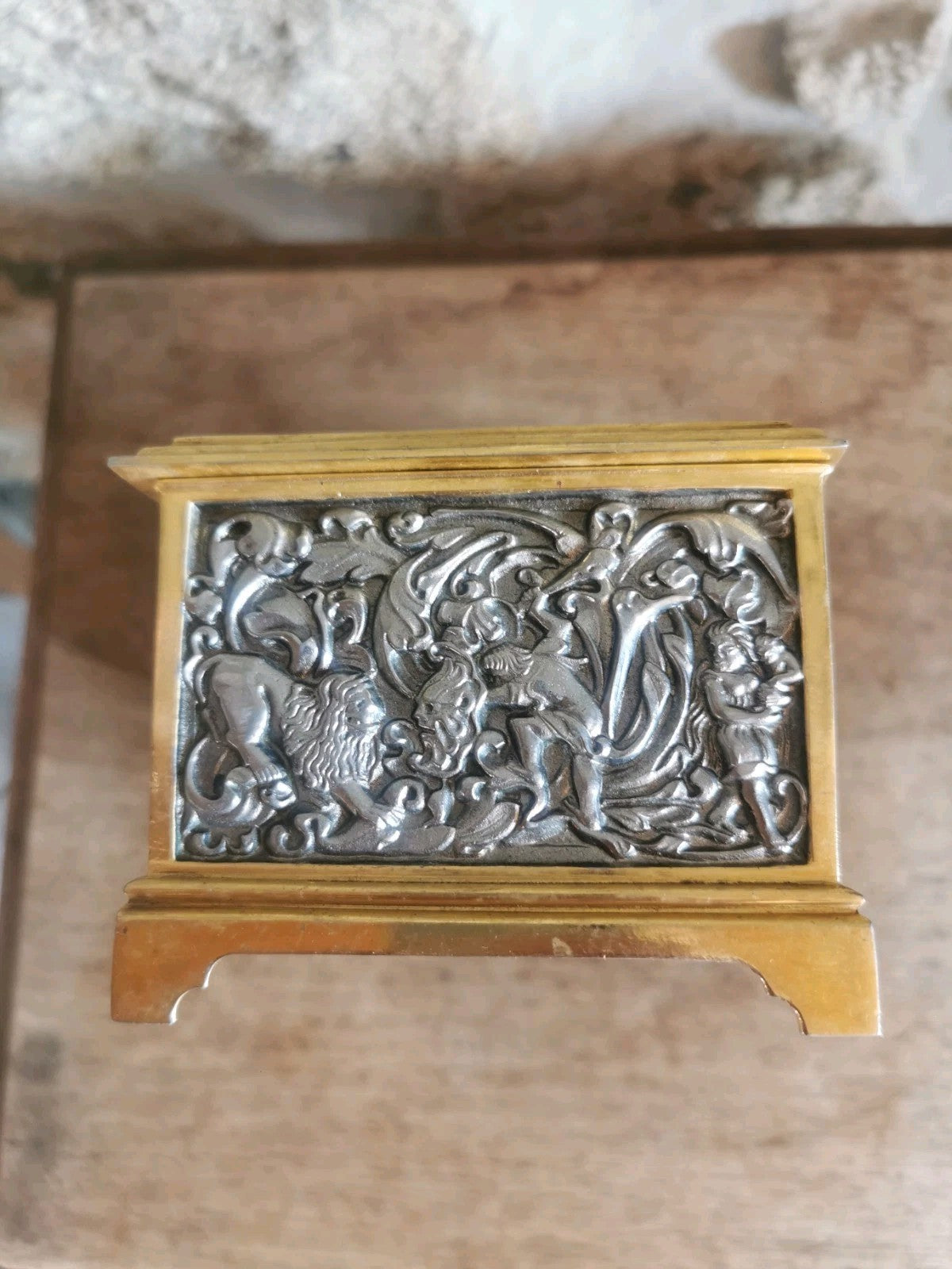 Superb Metal and Blue Felt Jewelry Box, Mid-Century