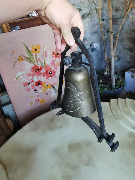 Superb Bell with Wrought Iron Frame, Engraved Emblem, Signed