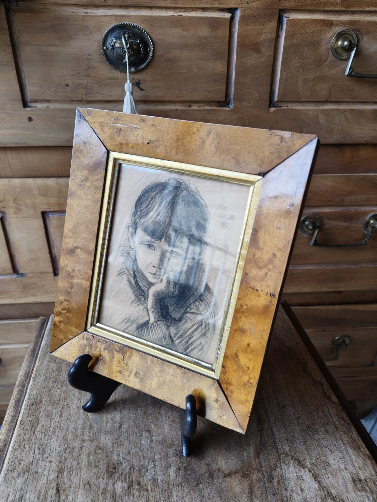 Child Drawing, Done in Pencil or Charcoal, Sad Child. 19th Century