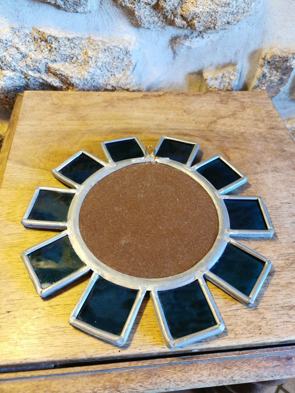 Superb Brutalist Sun-Shaped Mirror, Metal and Blue Glass