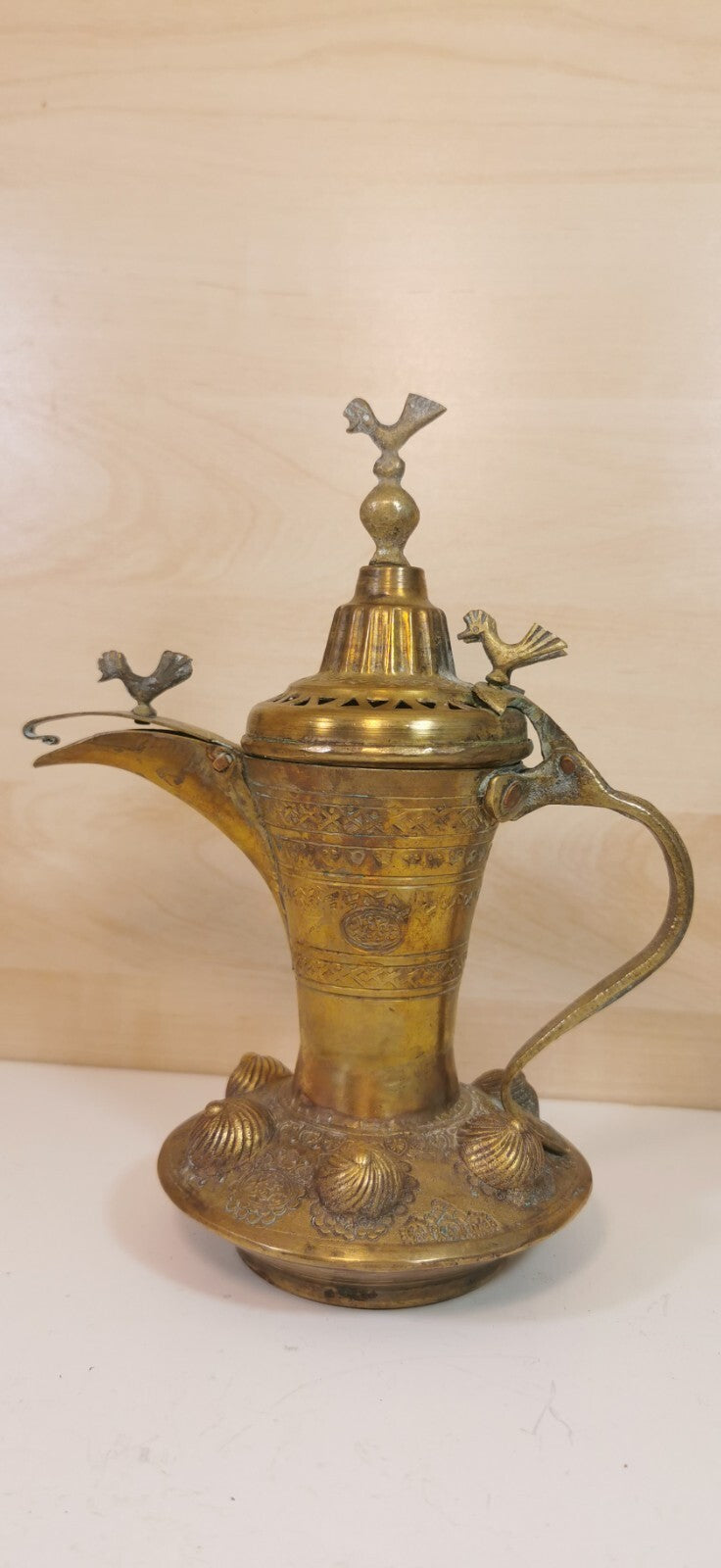 Magnificent Antique Teapot, Maghreb Art, Brass Dallah, Decorated with Birds