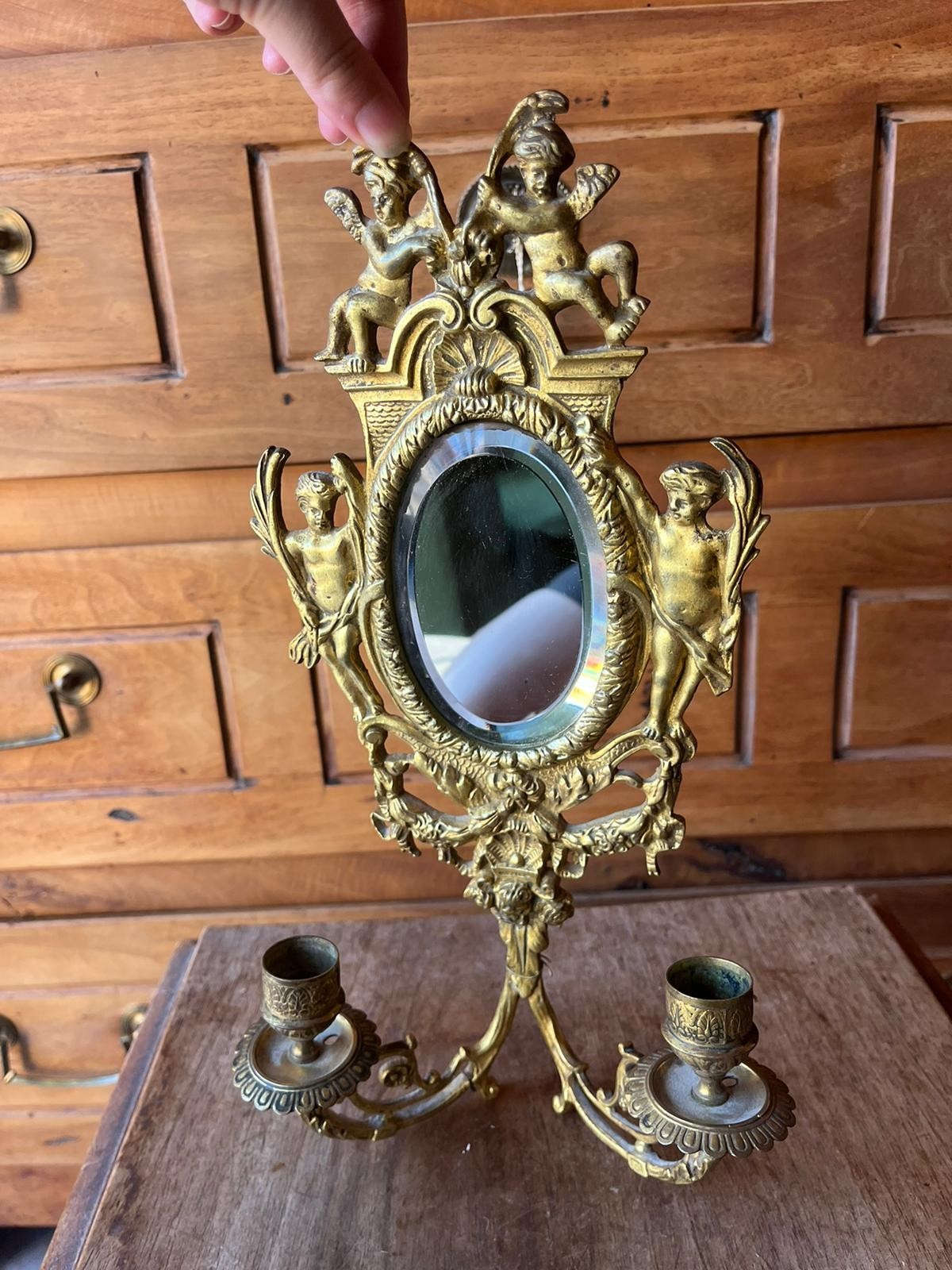 Superb Chiseled Bronze Wall Sconce, Beveled Mirror, Cherub