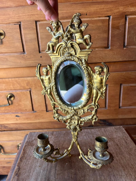 Superb Chiseled Bronze Wall Sconce, Beveled Mirror, Cherub
