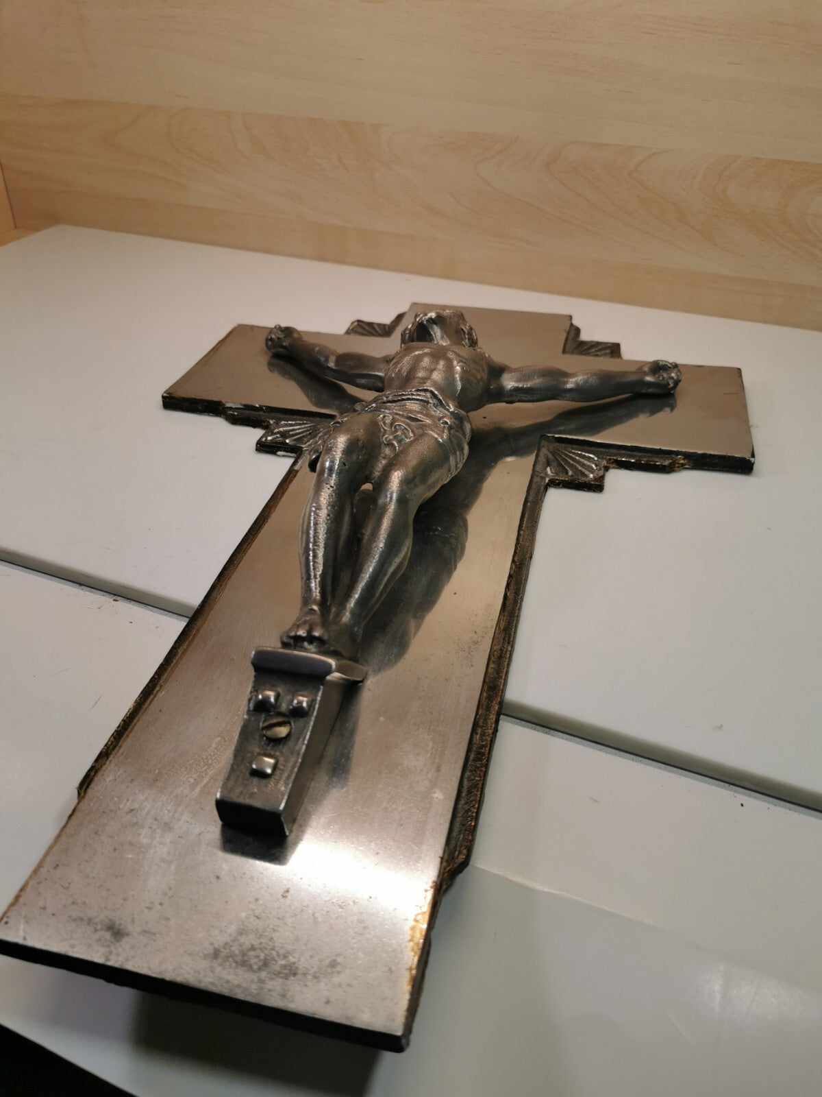 Superb Large Art Deco Metal and Mirror Crucifix