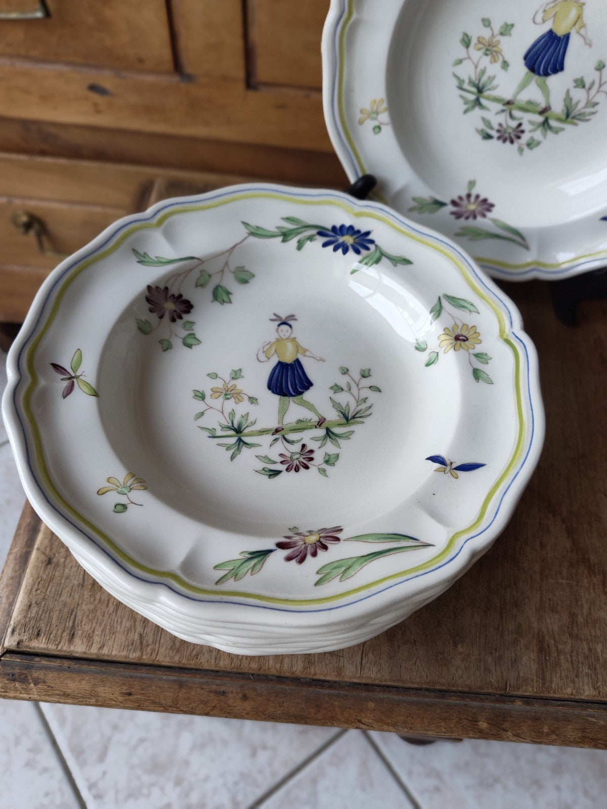 Set of Eight Deep Moustiers Lonchamp Plates, FRANCE, Antique Ceramic
