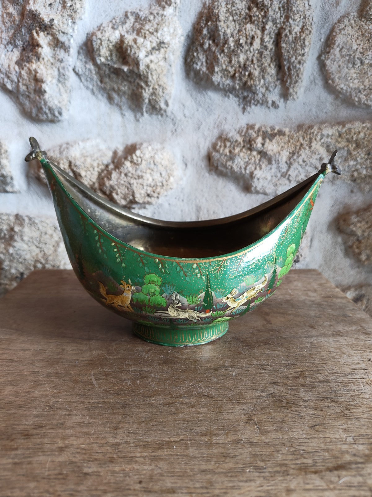 Kashkul Beggar Bowl India, Green Lacquered, Antique