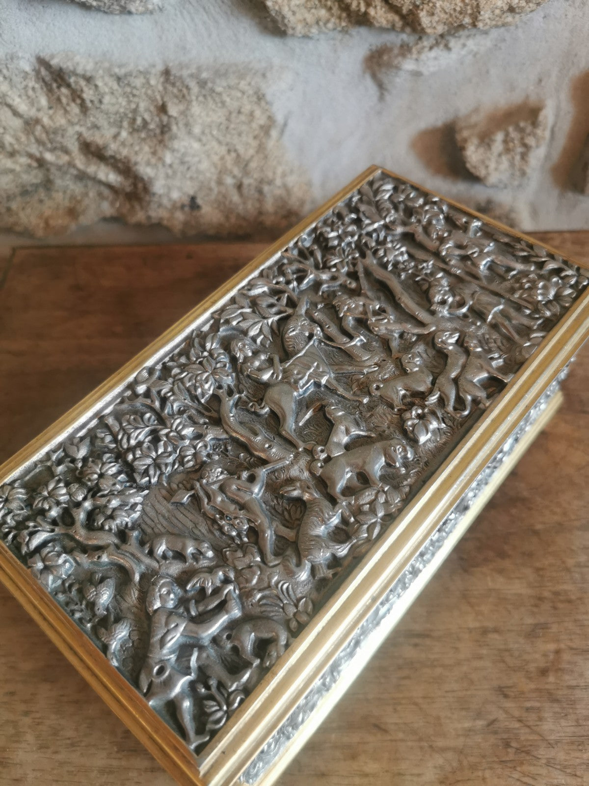 Superb Metal and Blue Felt Jewelry Box, Mid-Century