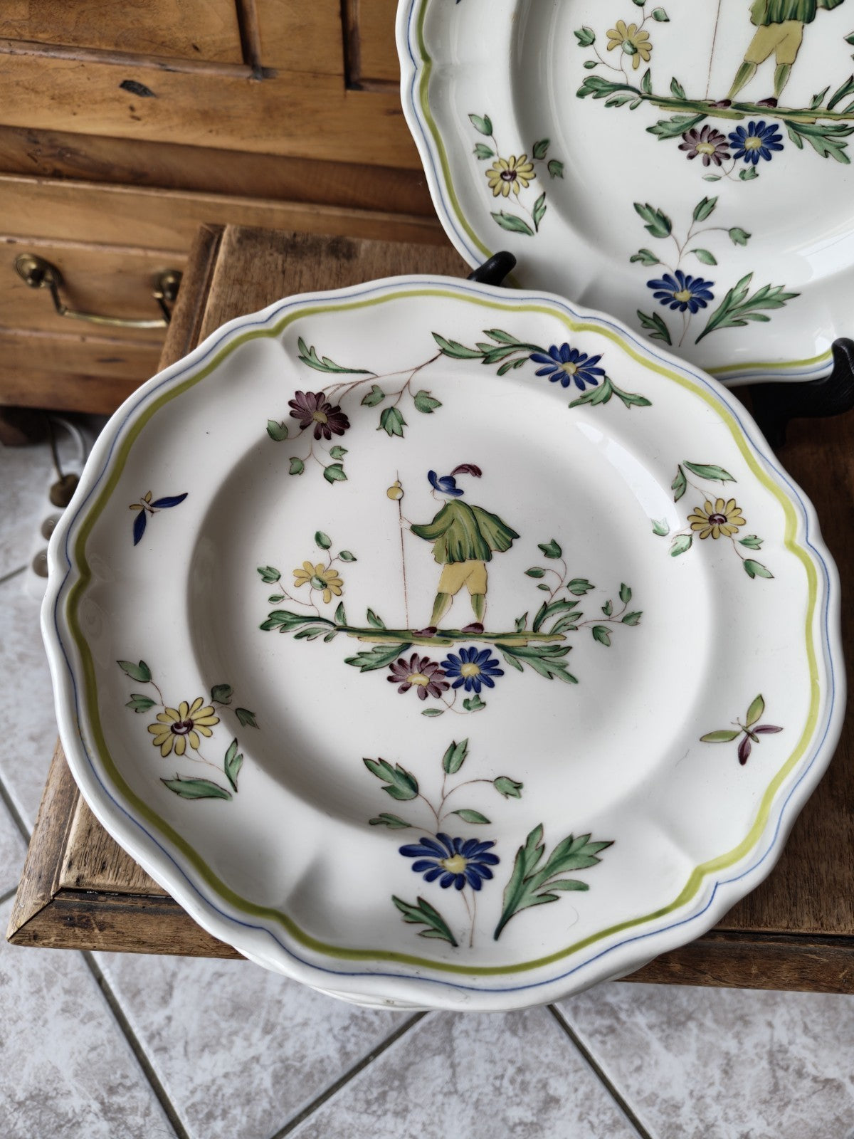 Eight Flat Moustiers Lonchamps Plates, Antique Ceramic FRANCE, Hand-Painted