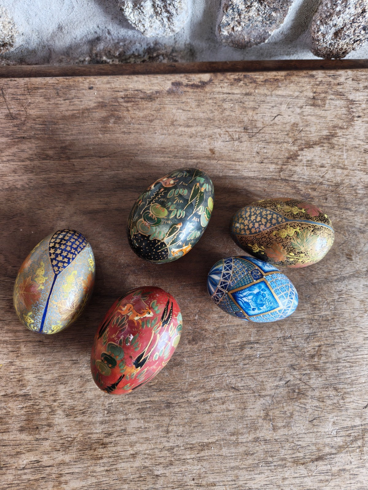 Vintage Lot of Painted Wooden Eggs, India Kashmir