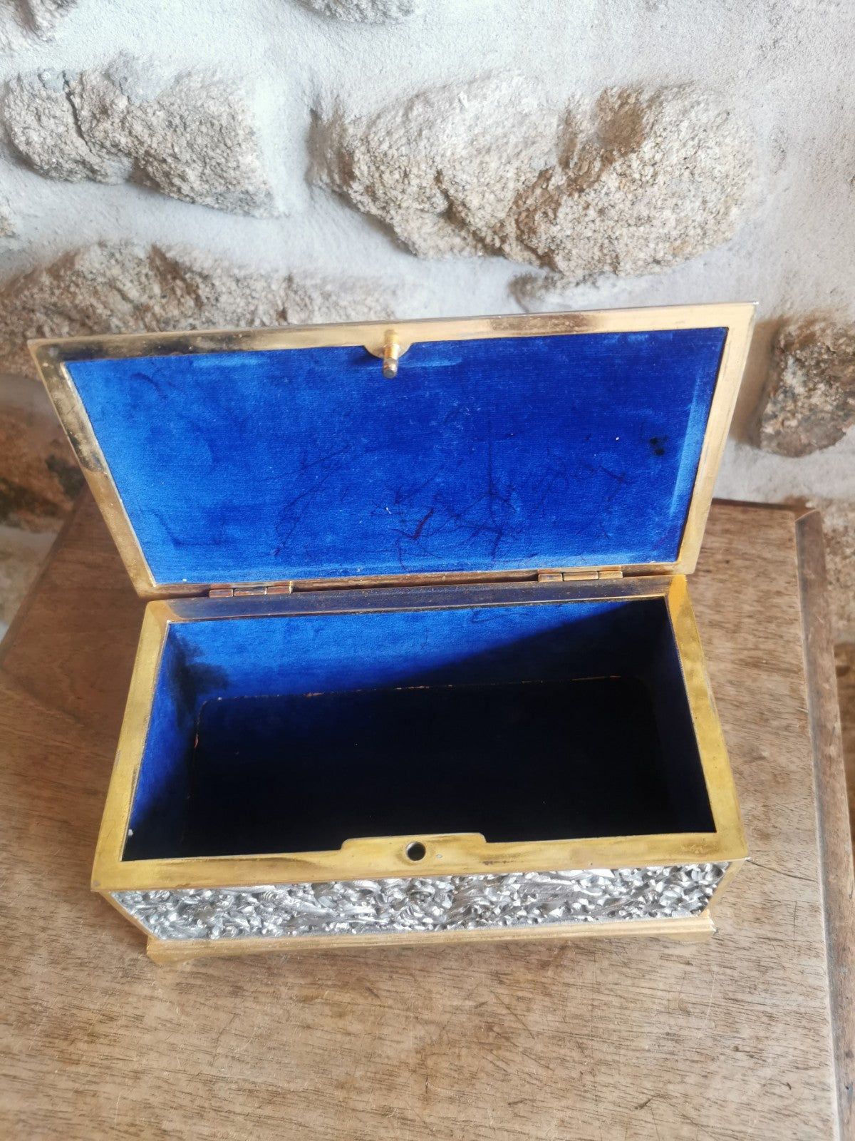 Superb Metal and Blue Felt Jewelry Box, Mid-Century