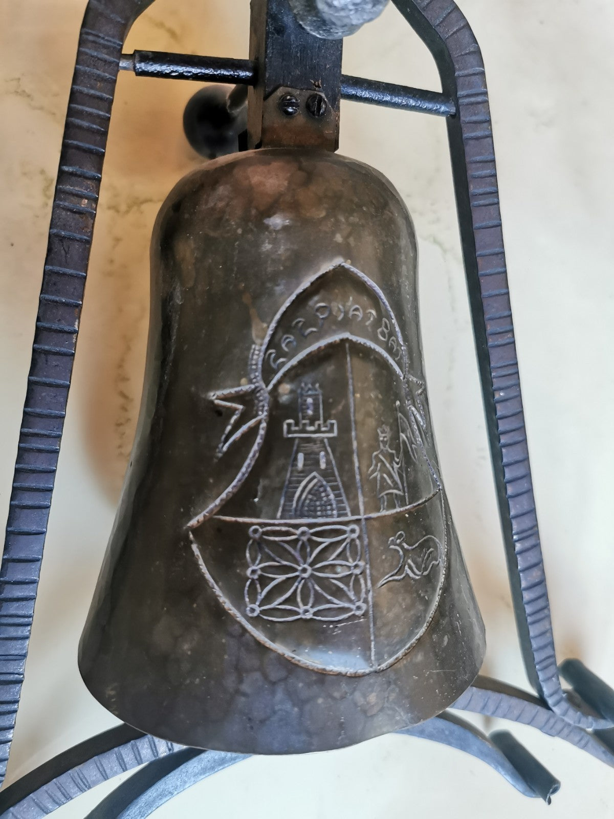 Superb Bell with Wrought Iron Frame, Engraved Emblem, Signed
