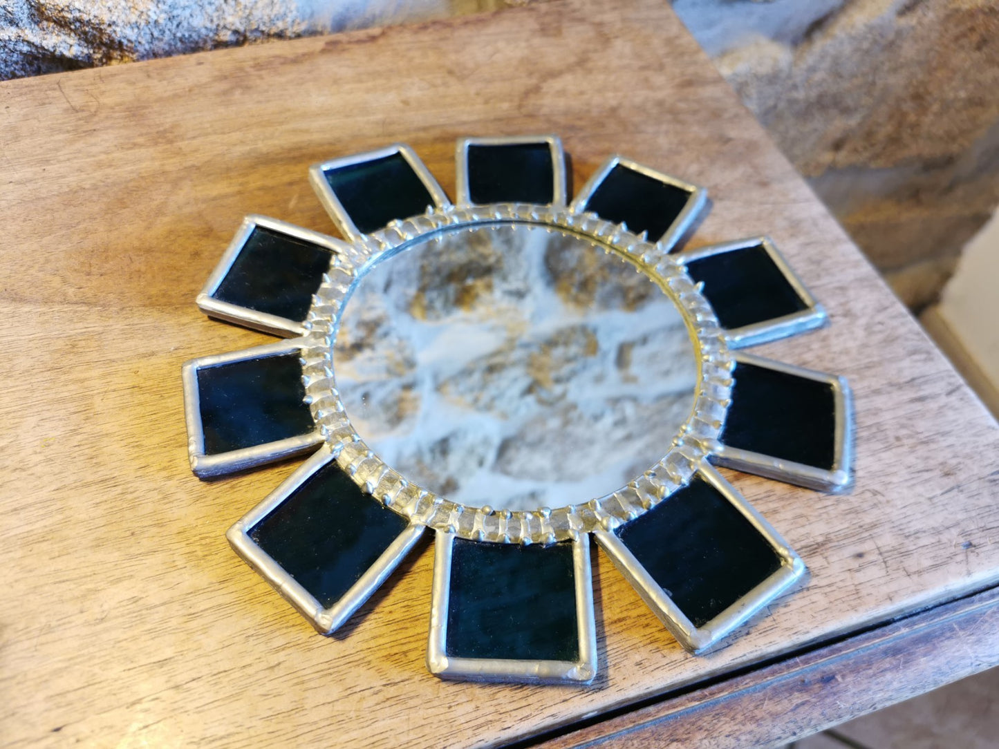 Superb Brutalist Sun-Shaped Mirror, Metal and Blue Glass