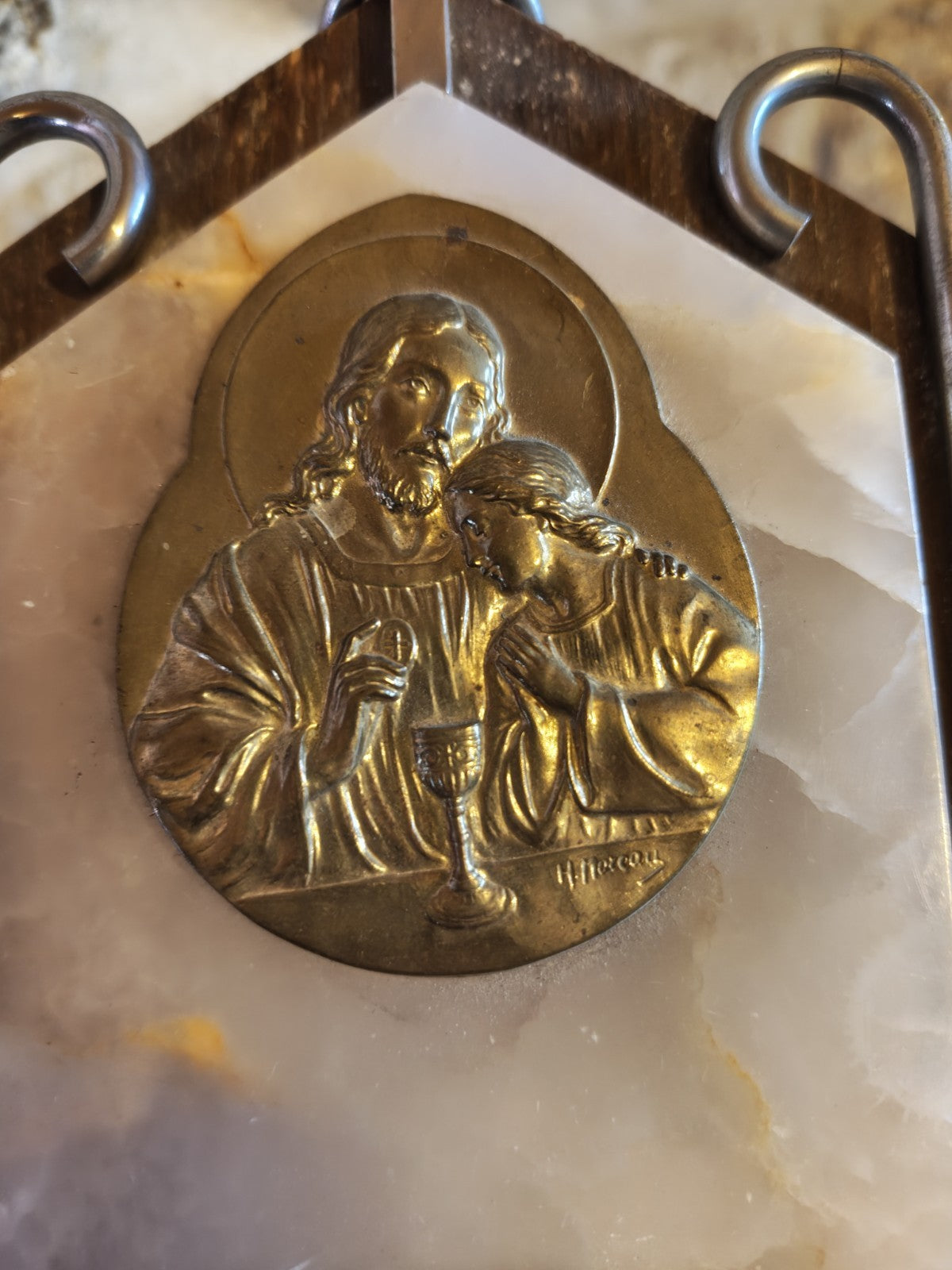 Holy Water Font, Marble and Brass, Signed H. Moreau