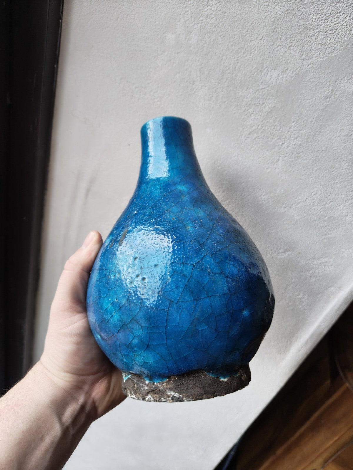 アンティークの青いエナメル陶器のポット、19世紀