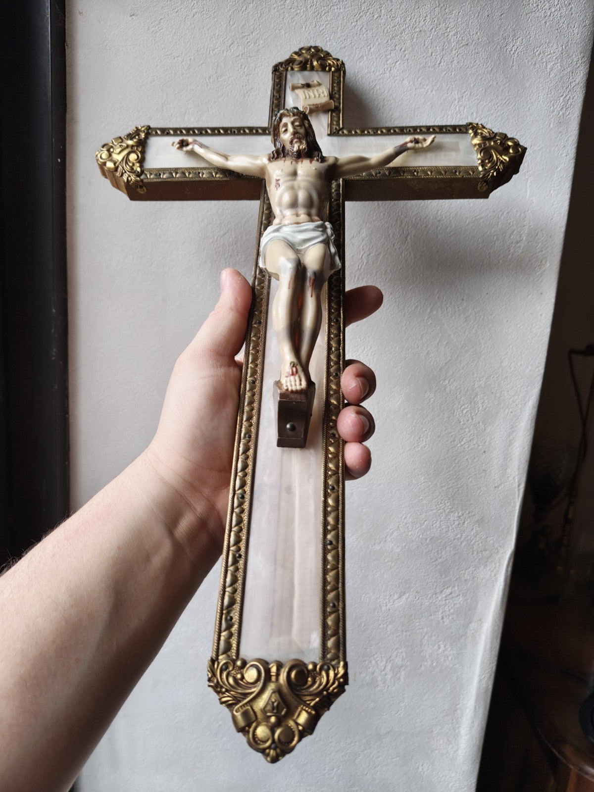 Large 20th Century Crucifix, Wood, Plastic and Brass