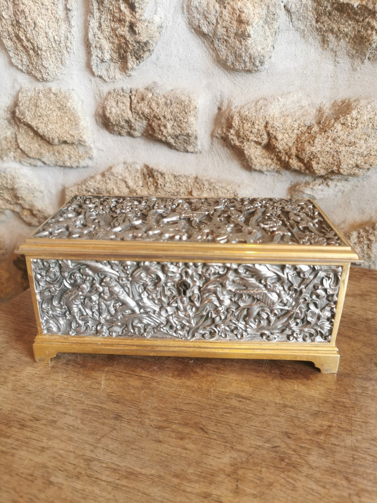 Superb Metal and Blue Felt Jewelry Box, Mid-Century