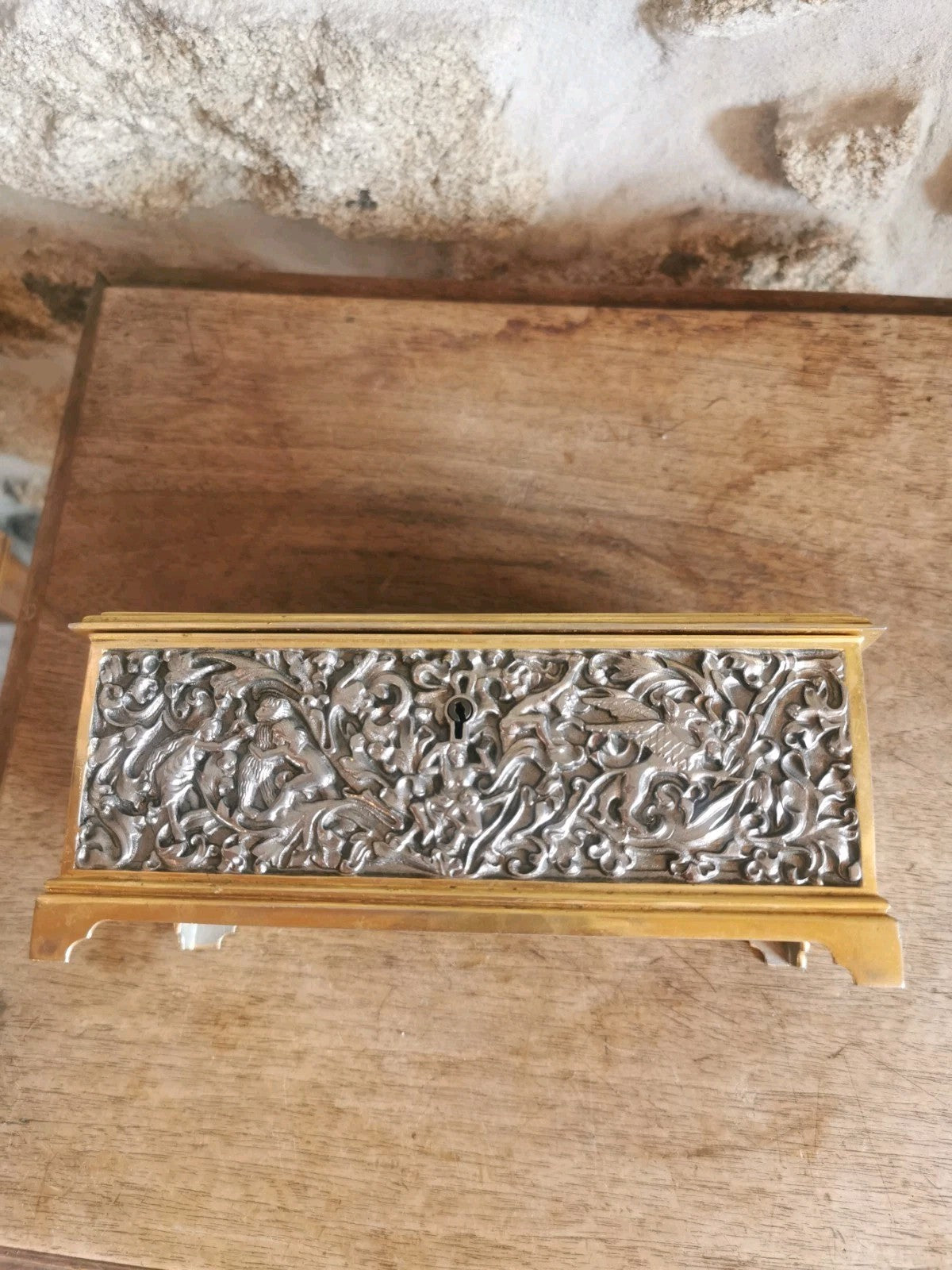 Superb Metal and Blue Felt Jewelry Box, Mid-Century