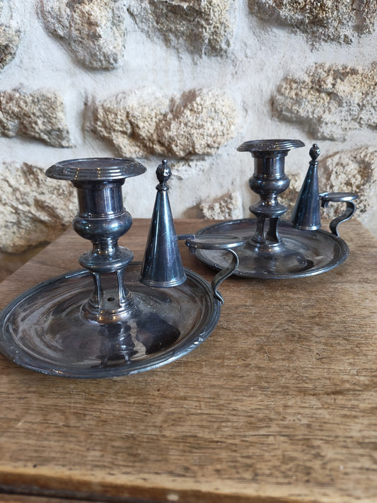 Pair of Bedroom Silver-Plated Metal Candle Holders / Night Candlesticks