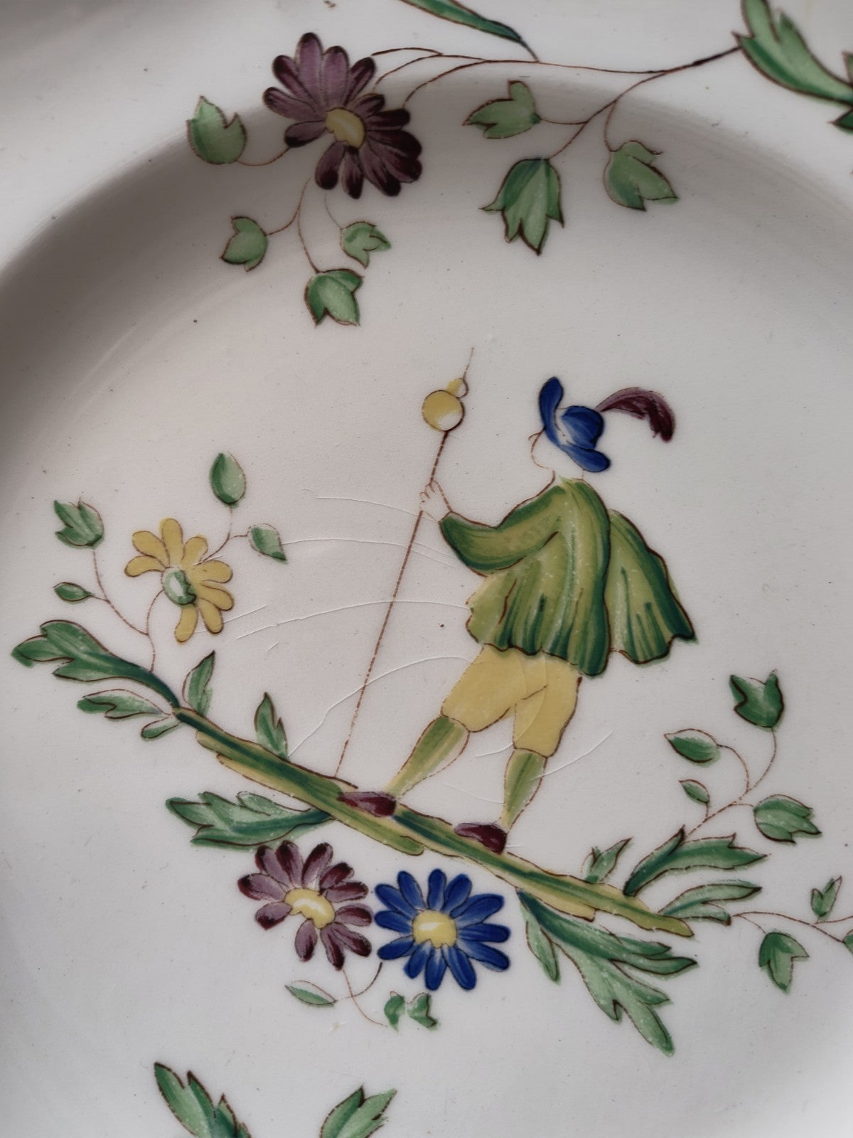 Eight Flat Moustiers Lonchamps Plates, Antique Ceramic FRANCE, Hand-Painted