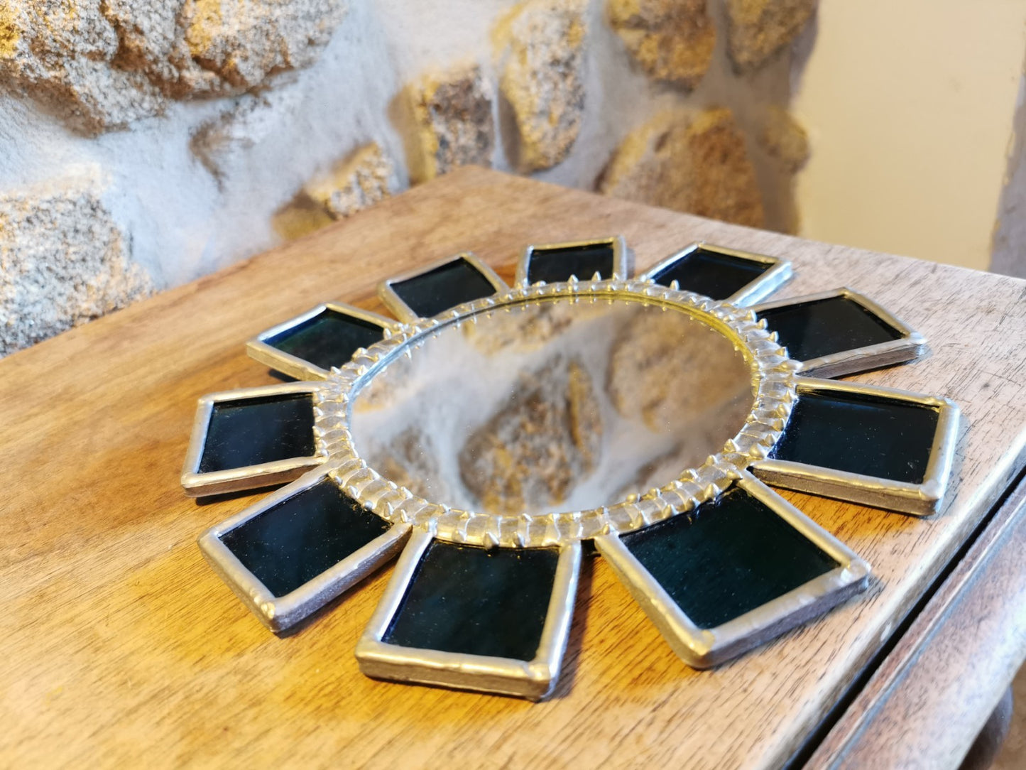 Superb Brutalist Sun-Shaped Mirror, Metal and Blue Glass