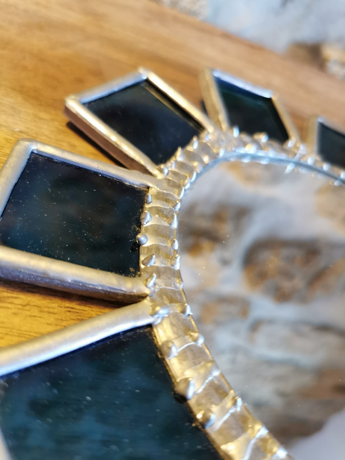 Superb Brutalist Sun-Shaped Mirror, Metal and Blue Glass