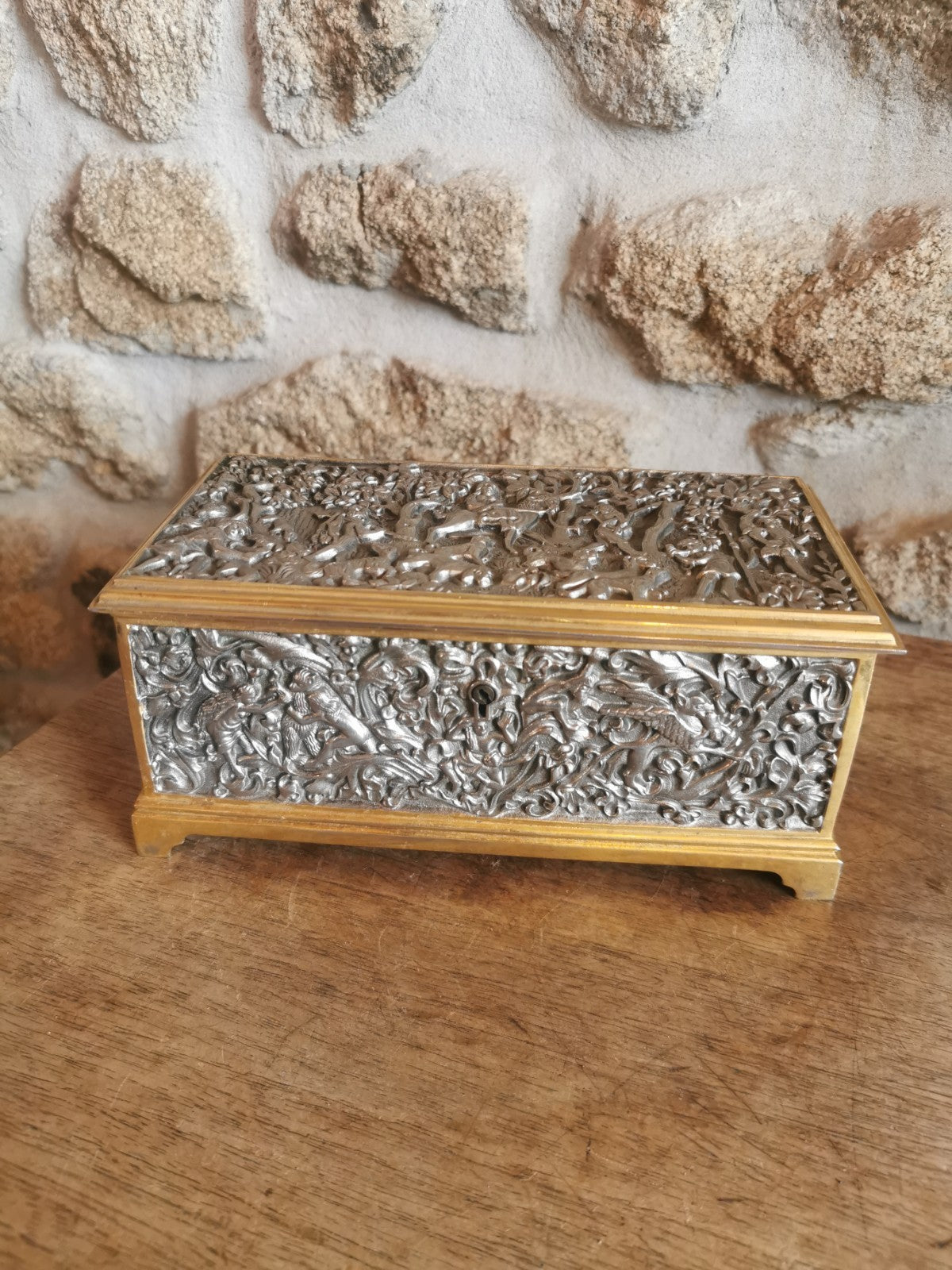 Superb Metal and Blue Felt Jewelry Box, Mid-Century