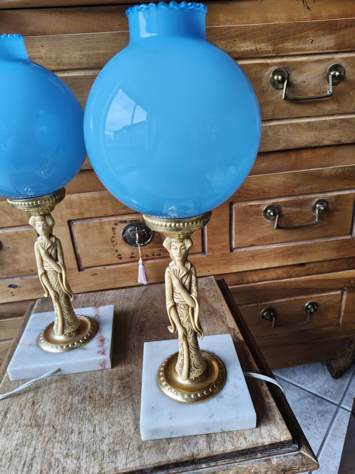 Superb Pair of Blue Opaline Marble Lamps, 20th Century