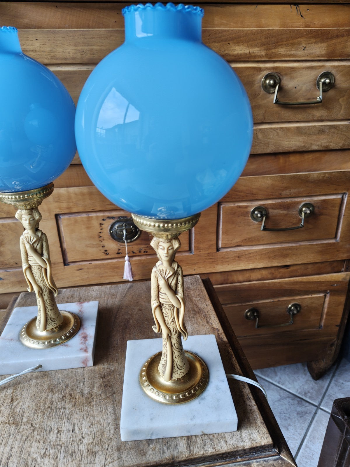 Superb Pair of Blue Opaline Marble Lamps, 20th Century