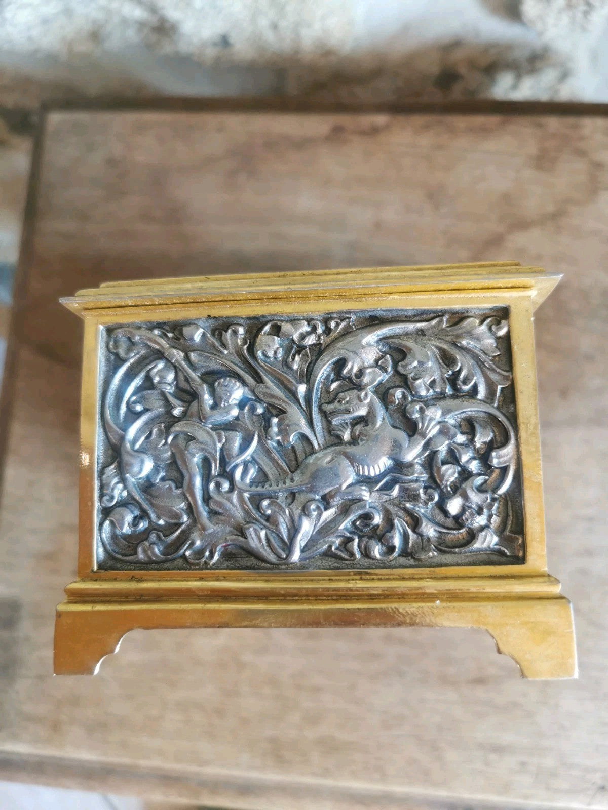 Superb Metal and Blue Felt Jewelry Box, Mid-Century