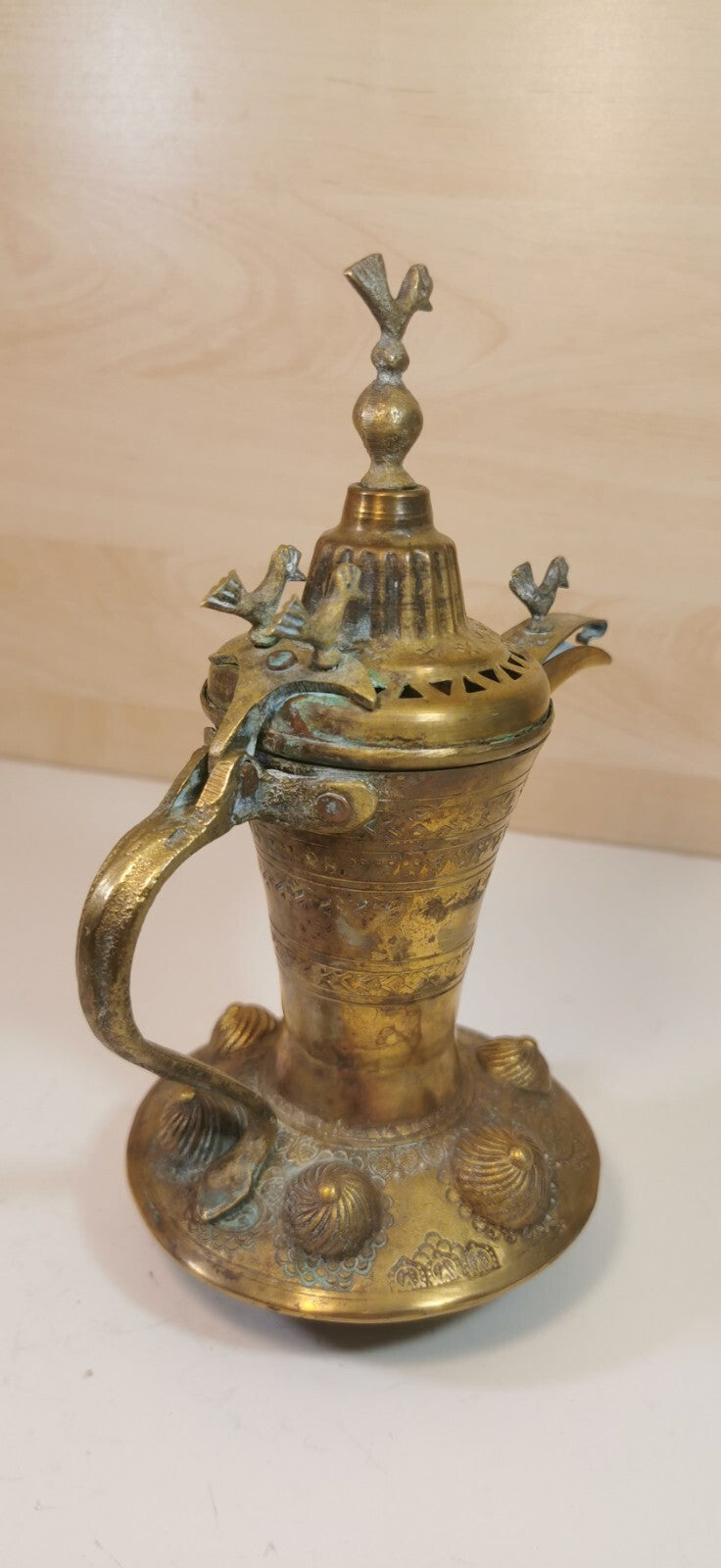Magnificent Antique Teapot, Maghreb Art, Brass Dallah, Decorated with Birds