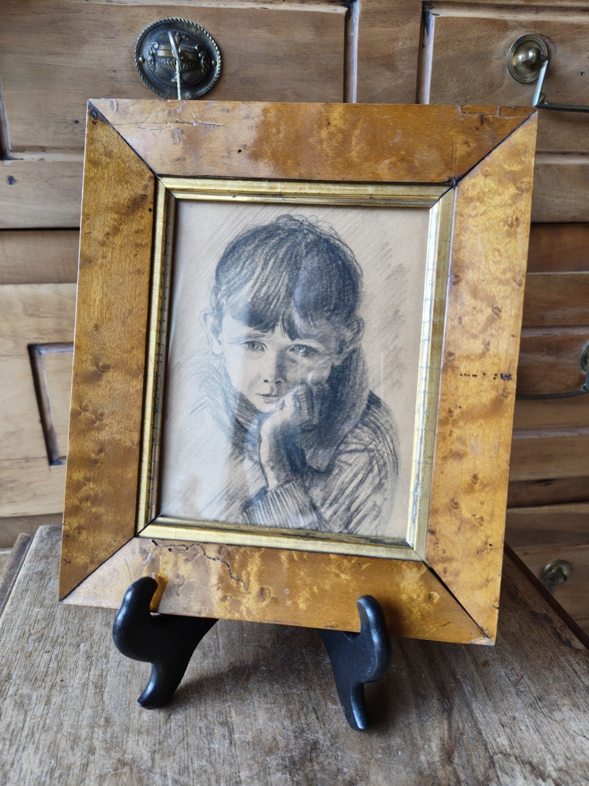Child Drawing, Done in Pencil or Charcoal, Sad Child. 19th Century
