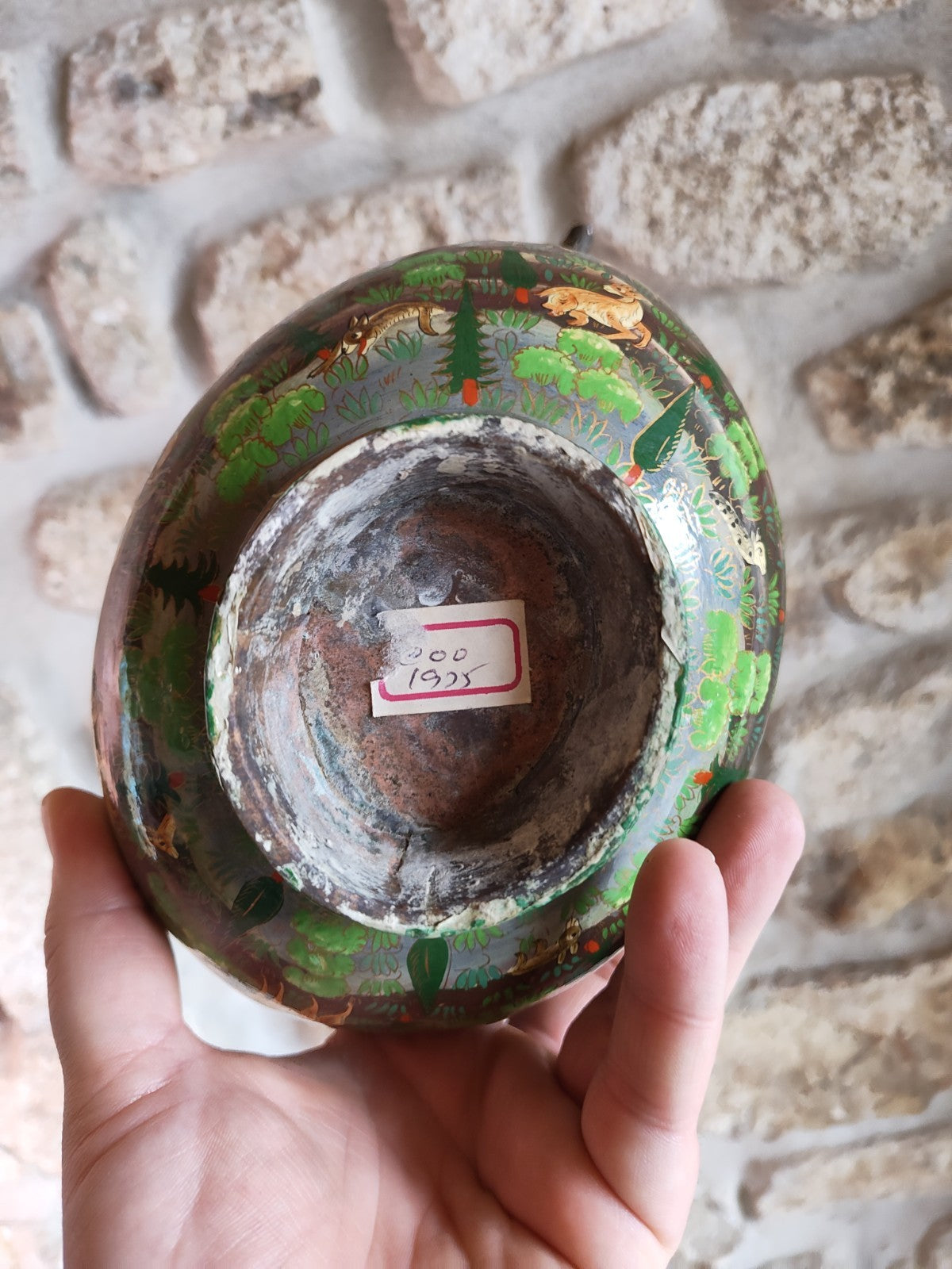 Kashkul Beggar Bowl India, Green Lacquered, Antique