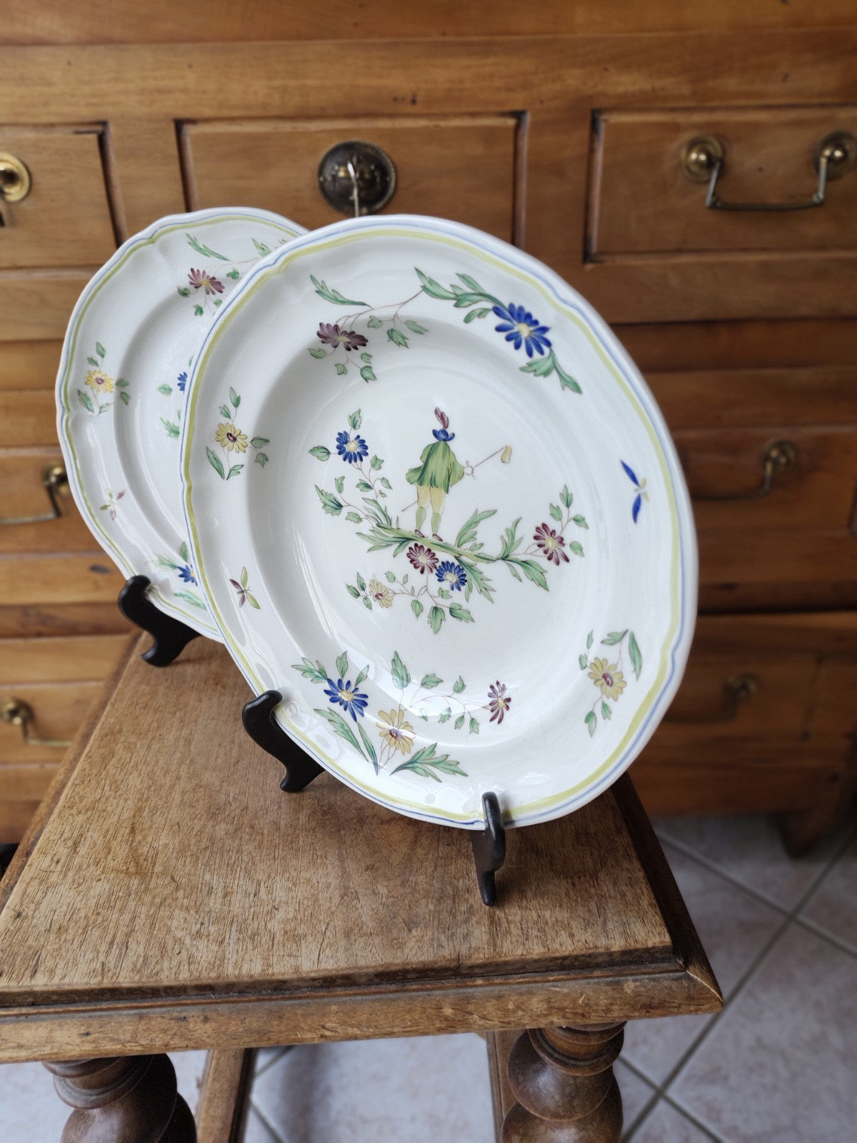 Set of Two Large MOUSTIERS LOMCHMAP Plates, FRANCE, Hand-Painted