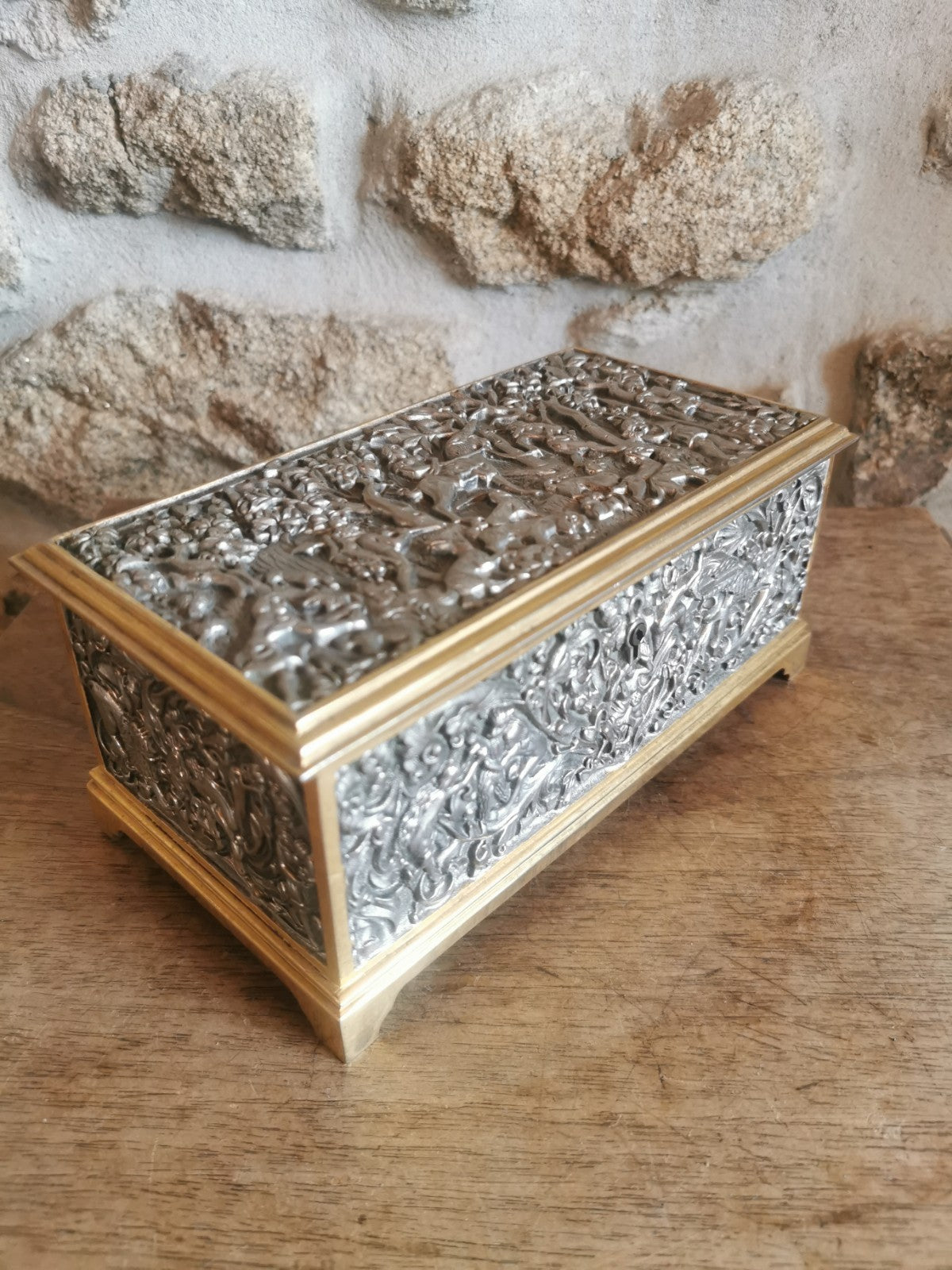 Superb Metal and Blue Felt Jewelry Box, Mid-Century