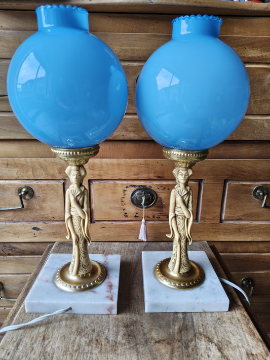 Superb Pair of Blue Opaline Marble Lamps, 20th Century