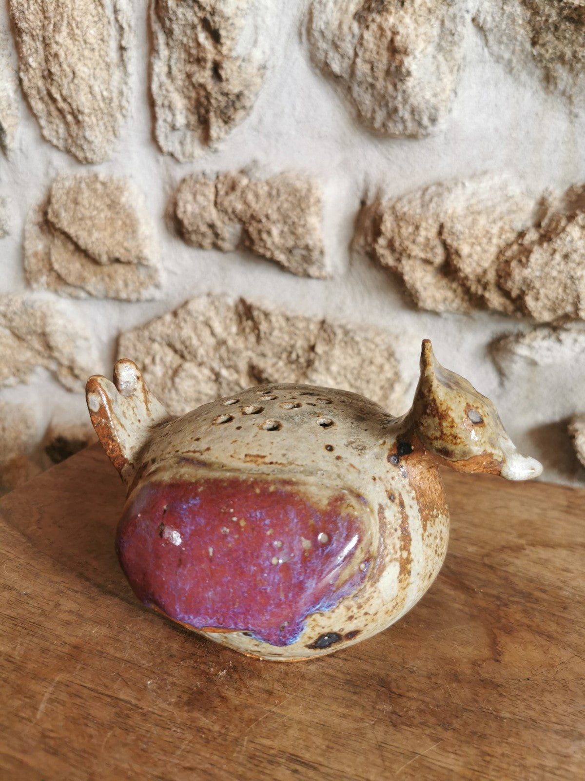 Superb Flower Frog in Stoneware, Bird Ceramic, Made in France, Mid-20th Century