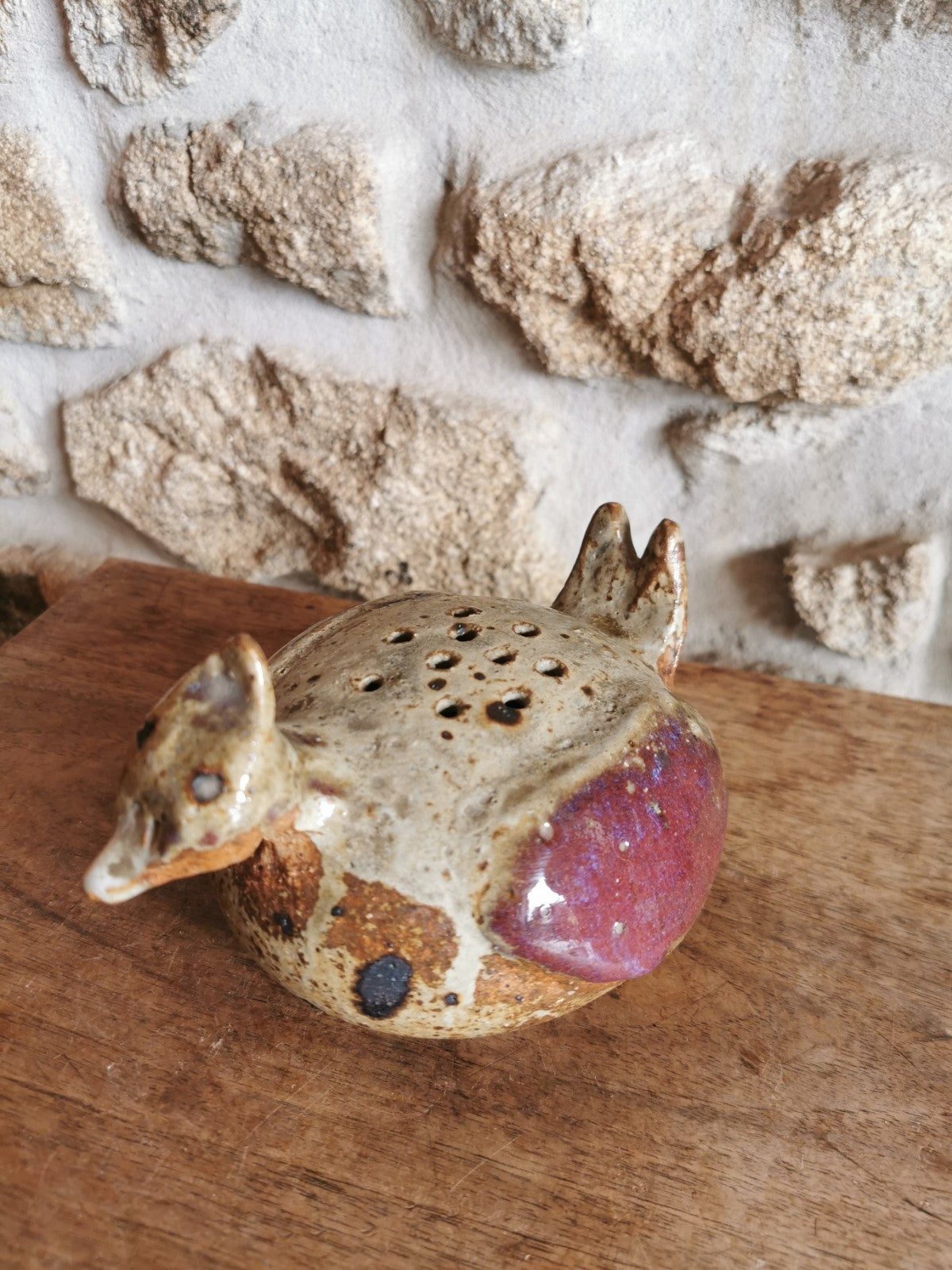 Superb Flower Frog in Stoneware, Bird Ceramic, Made in France, Mid-20th Century