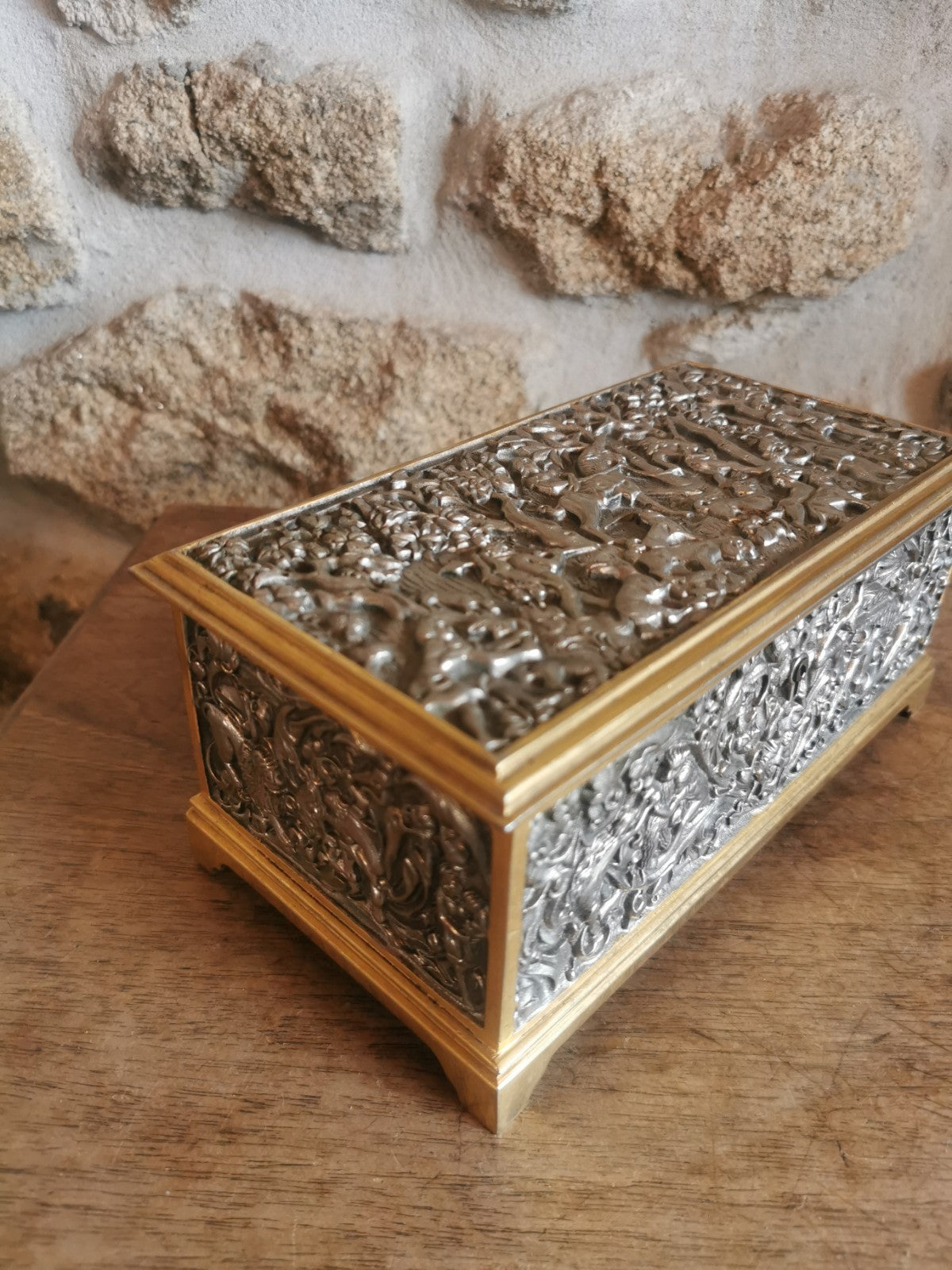 Superb Metal and Blue Felt Jewelry Box, Mid-Century