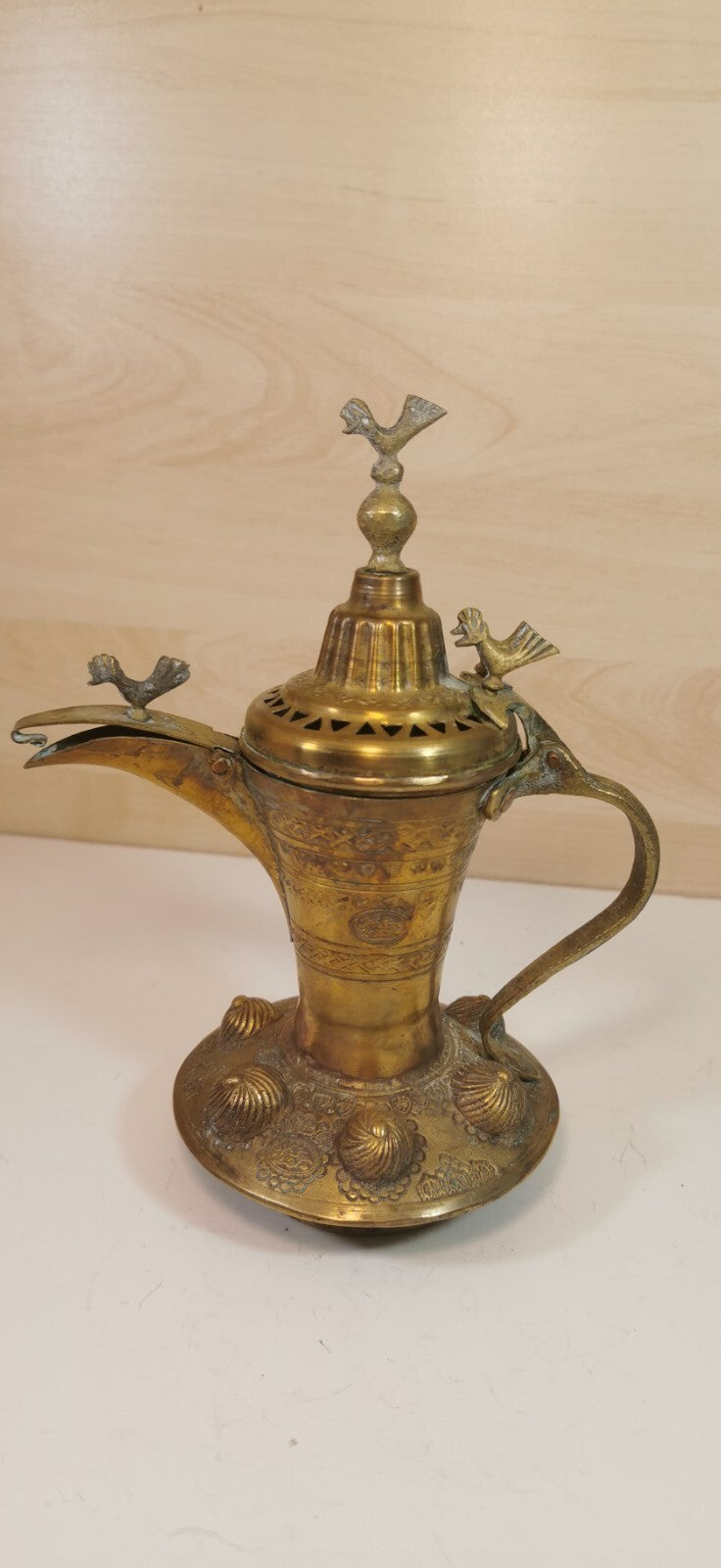 Magnificent Antique Teapot, Maghreb Art, Brass Dallah, Decorated with Birds