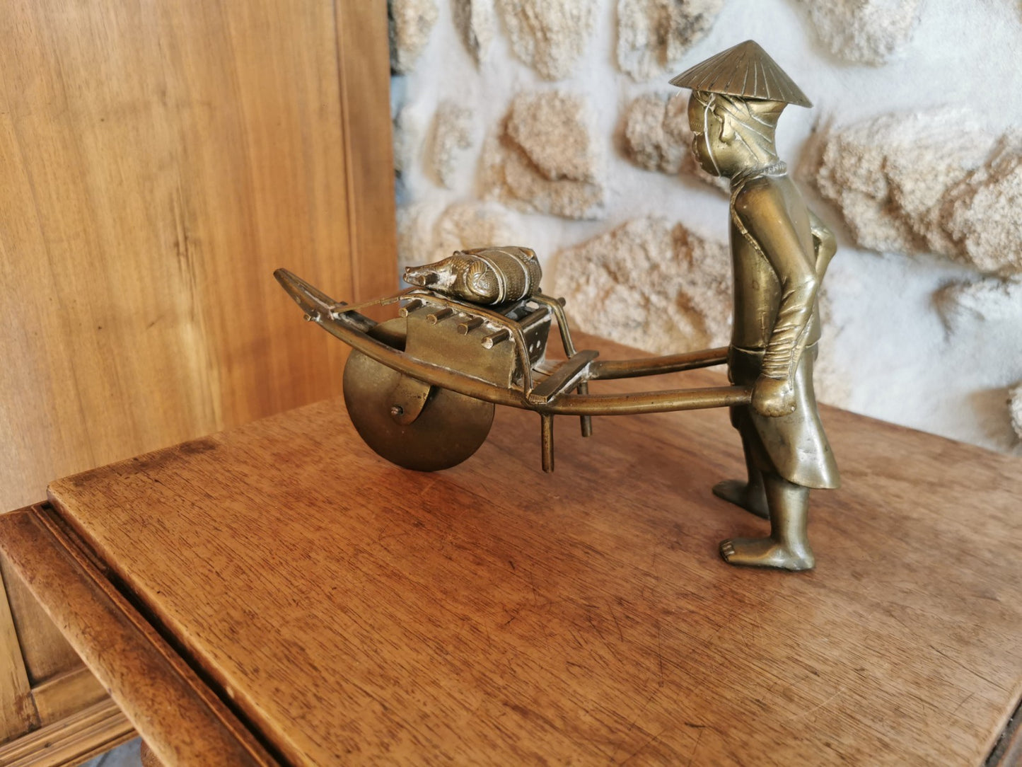 Superb 20th Century Vietnamese Bronze Figure with Wheelbarrow and Pig