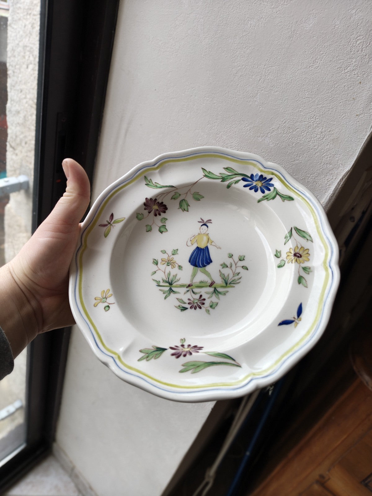 Set of Eight Deep Moustiers Lonchamp Plates, FRANCE, Antique Ceramic