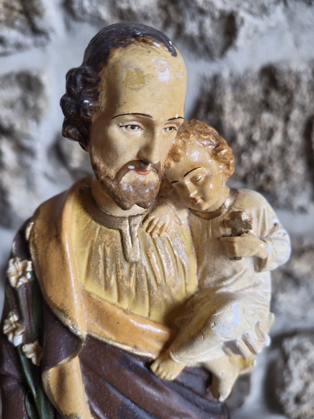 SAINT JOSEPH and Child Statue, Plaster, Antique, Signed CORNEILLE TOULOUSE