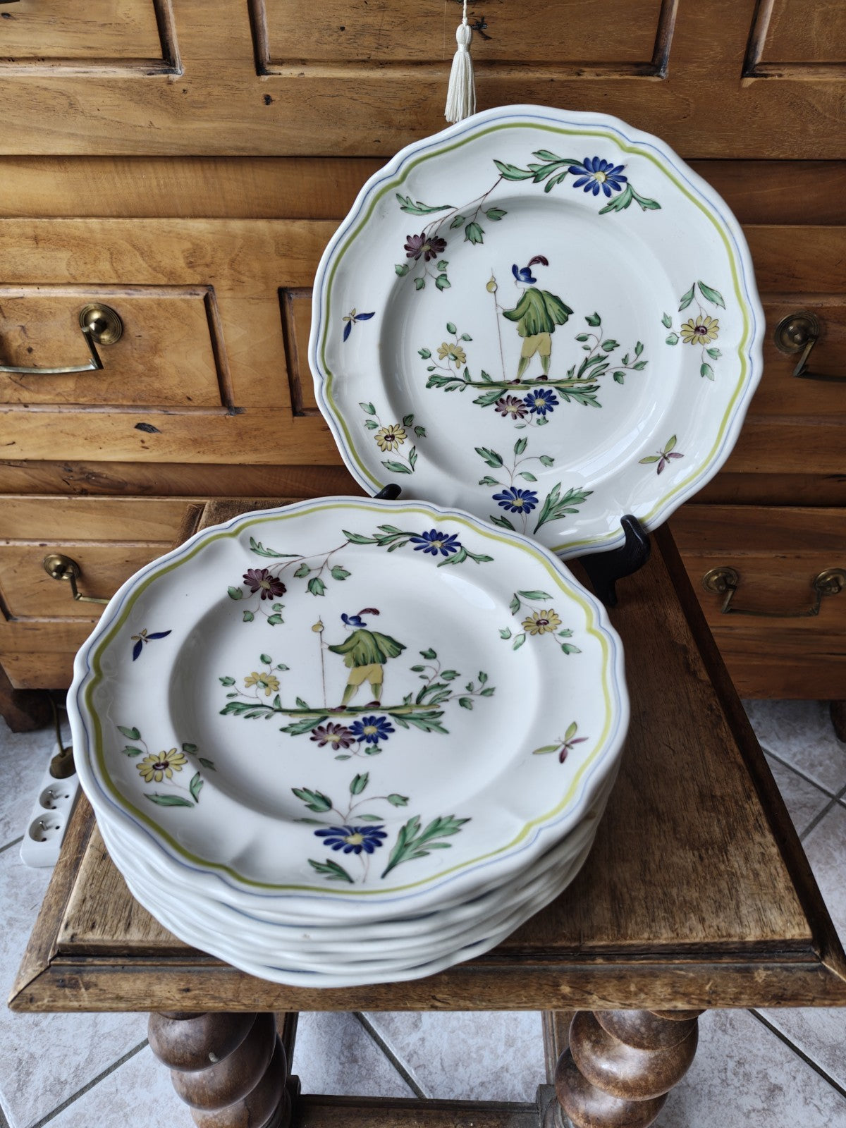 Eight Flat Moustiers Lonchamps Plates, Antique Ceramic FRANCE, Hand-Painted
