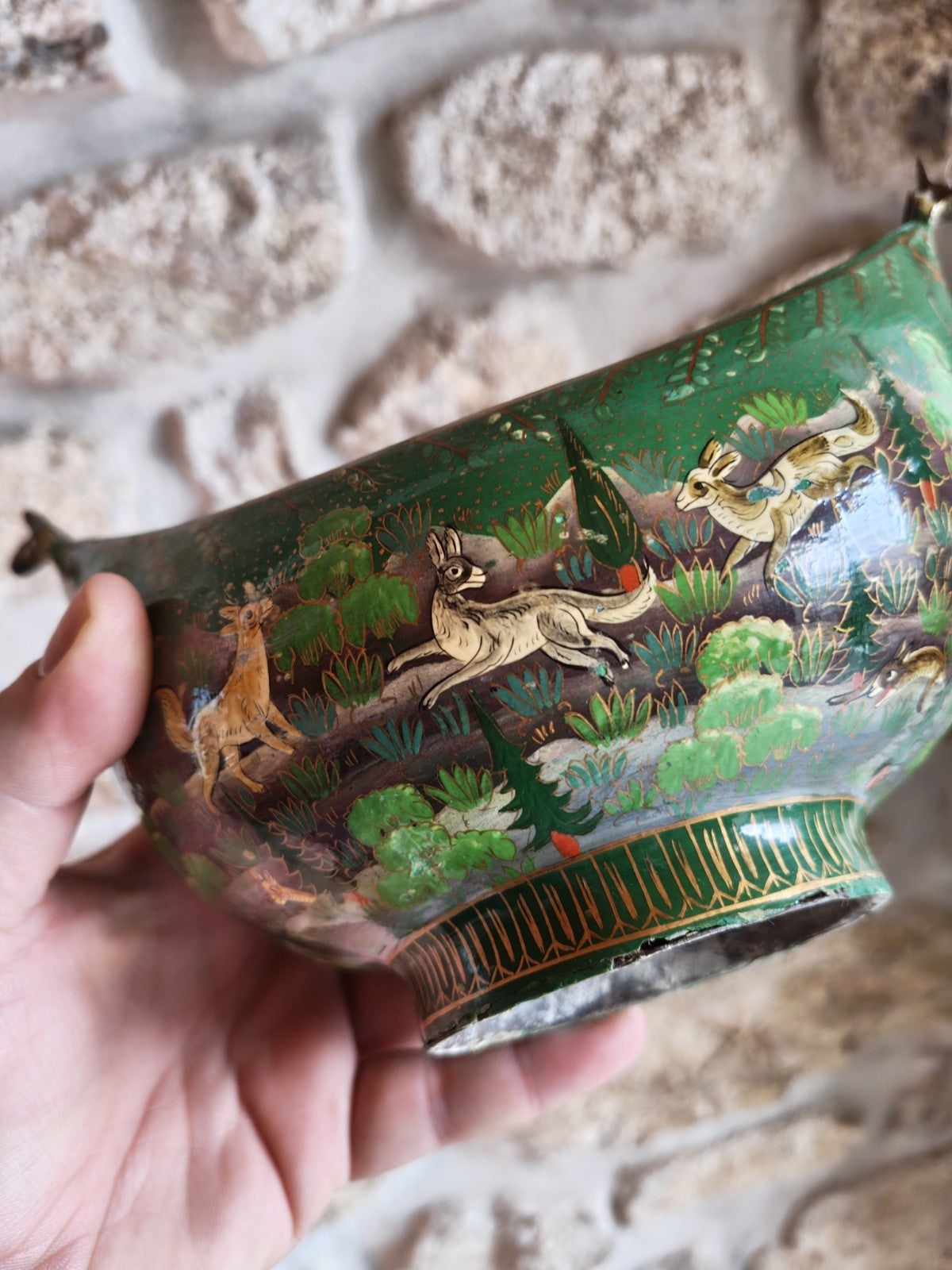 Kashkul Beggar Bowl India, Green Lacquered, Antique
