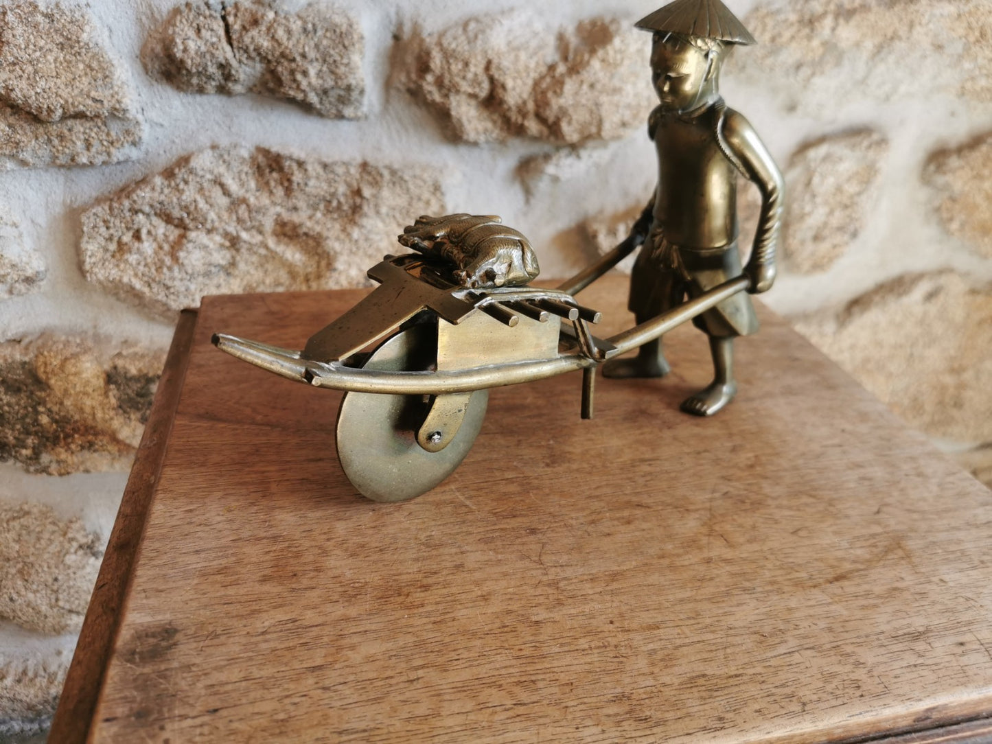 Superb 20th Century Vietnamese Bronze Figure with Wheelbarrow and Pig