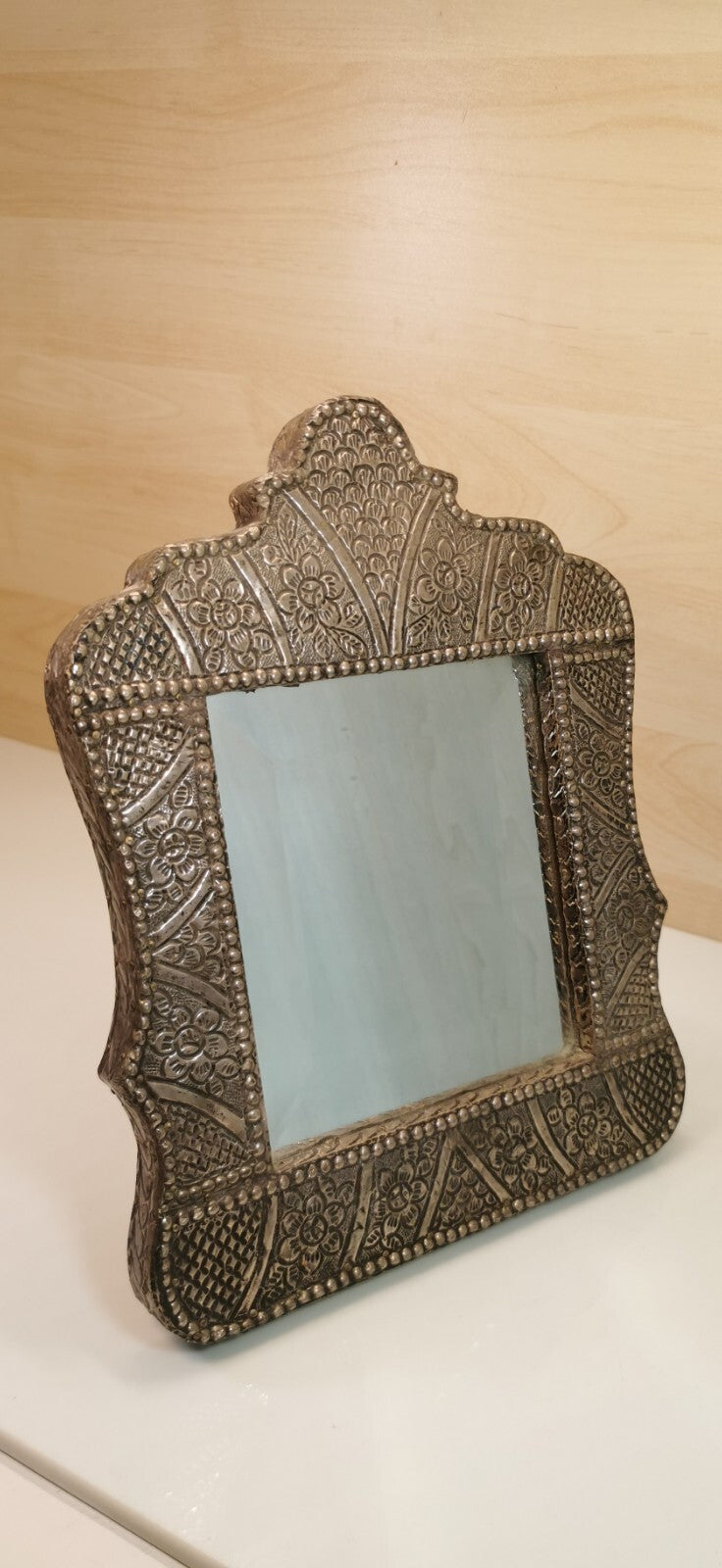 Superb Oriental Mirror Decorated with Hammered Metal (Silver or Tin)